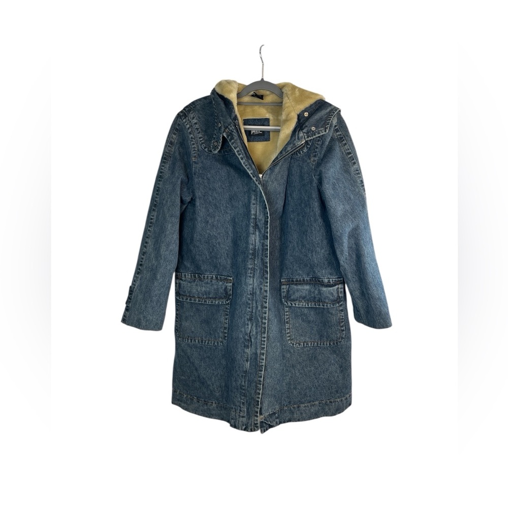 Vintage Lined Denim Trench Coat Women’s Large‎ Hooded Faux Shearling Jacket Blue